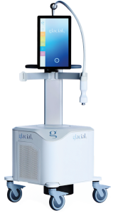 A white Glacial Rx device with a touchscreen display and a handheld applicator on a wheeled stand.