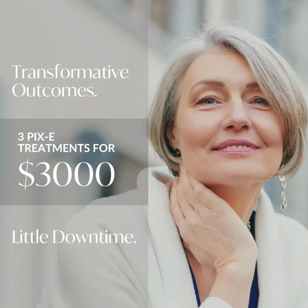 A woman with gray hair smiles, displaying text: "Transformative Outcomes. 3 PIX-E Treatments for $3000. Little Downtime.