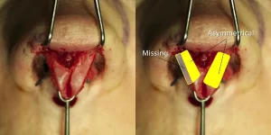 Close-up of a surgical procedure on a nose showing asymmetrical tissue and a missing section. Annotations highlight the issues.