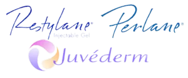 Logos of Restylane, Perlane, and Juvéderm displayed with varying font styles and colors.