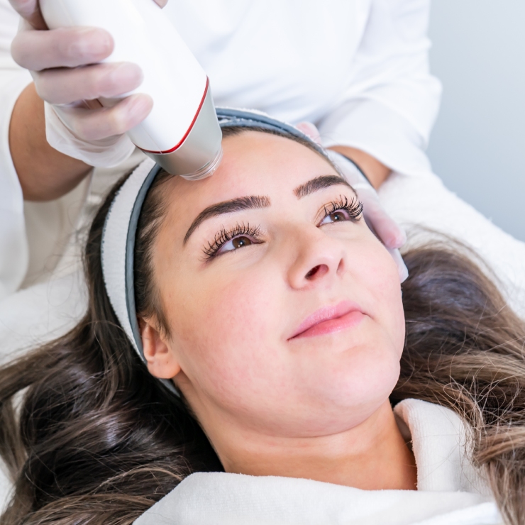 A person receiving a facial treatment with a handheld device, lying down with a headband and towel, performed by a gloved individual.