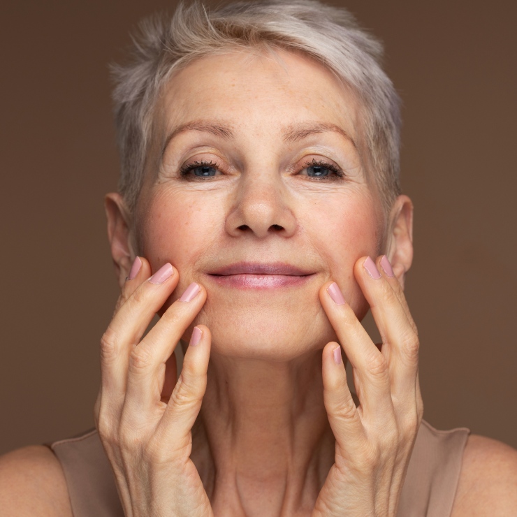 Elderly woman with short gray hair smiling gently, touching her face with both hands against a beige background.