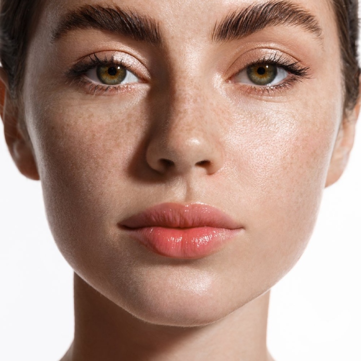 Close-up of a person with freckles, neutral expression, and glossy lips against a white background.