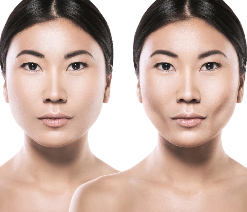 Side-by-side images of a woman before and after makeup, highlighting contouring techniques that enhance her cheekbones and jawline.