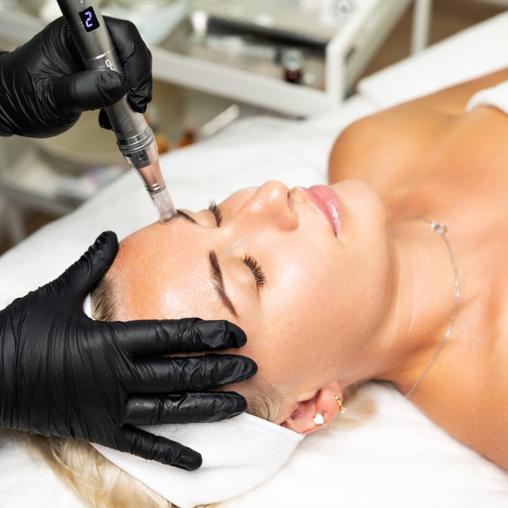 A person receiving a microneedling facial treatment while lying down.