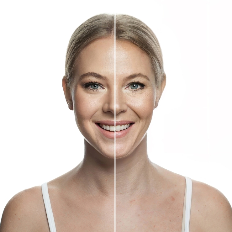 A woman with a neutral expression is shown split down the middle; one side with makeup and the other without, highlighting a transformation in skin tone and texture.