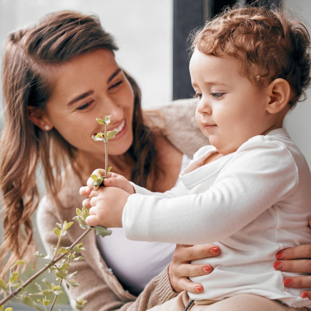 A woman holding a toddler with curly hair, both looking at a small branch with green leaves near a window.