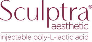 Sculptra Aesthetic logo with the text "injectable poly-L-lactic acid" below it in maroon font.