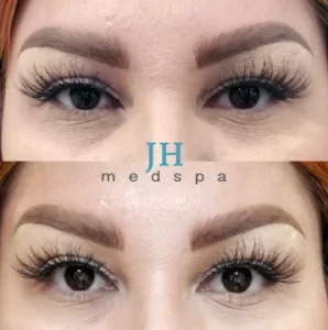 Close-up of a person's eyes with enhanced eyelashes and eyebrows in two similar images. "JH Medspa" logo is centered between the images.