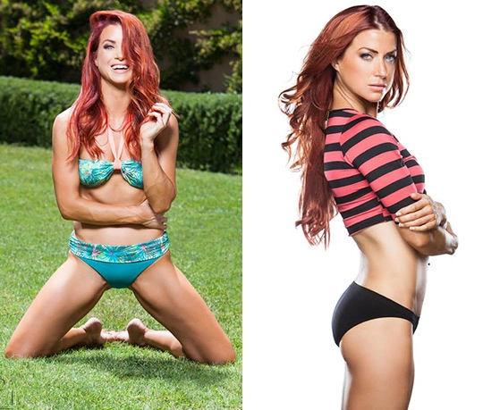 Two images of a person with red hair. Left: kneeling in a blue bikini on grass. Right: standing in profile wearing a black and pink striped top and black bottoms.