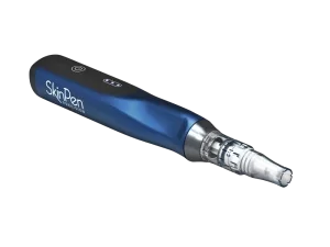 A blue electronic skincare device labeled "SkinPen" with a small, transparent tip.