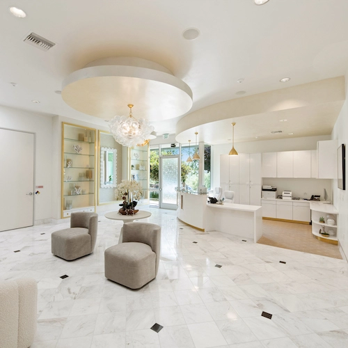 Modern minimalist lobby with marble floors, two gray chairs, a round ceiling feature, chandelier, and a reception desk. Large windows offer a garden view. Shelves and plants decorate the space.