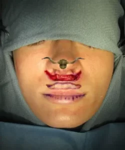 A person undergoing a surgical procedure on their upper lip, with incision marks and a metal device in place. The face is partially covered with surgical drapes.