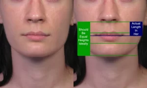 Comparison of two facial images showing an analysis of lip proportions, with highlighted sections indicating ideal and actual measurements.