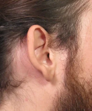 Close-up of a person's ear with long hair tied back, revealing the ear and some facial hair on the cheek.