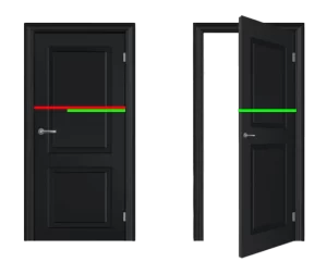 Two black doors; one closed with a red line across it, the other slightly open with a green line across it.