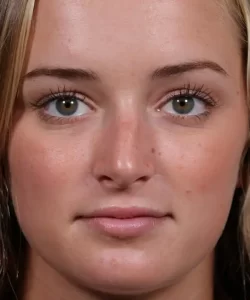 Close-up of a person with long brown hair and hazel eyes gazing directly at the camera.