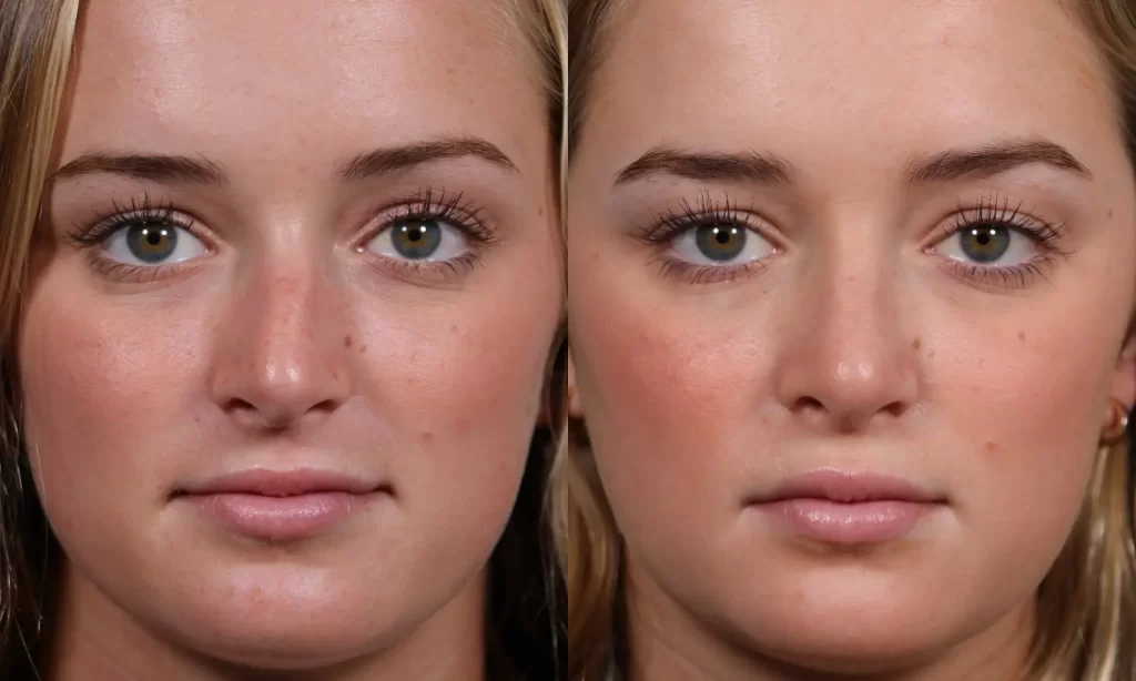 Two side-by-side close-up photos of a young woman with light makeup, highlighting subtle differences in her facial appearance.